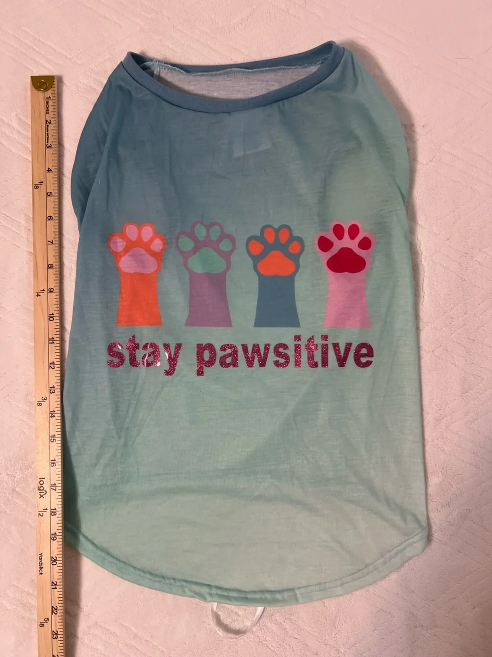 Top Paw Stay Pawsitive Graphic Dog Tee - Mint Greenish Blue with Multicolor Paws